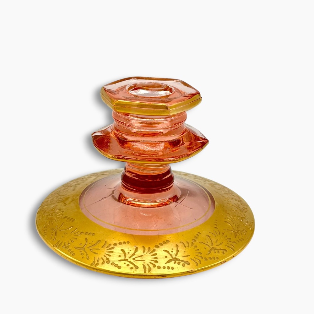 Vintage Fostoria Pink Depression Glass Candlestick Holder Gold Floral Etch 3.25"